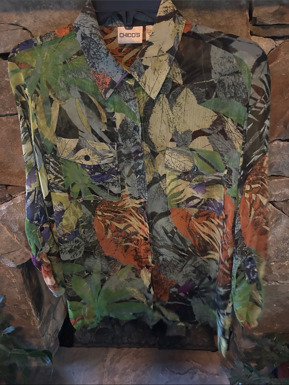 Chico's Button Front Blouse; Colorful Tropical Print; Sheer Fabric; Size 0